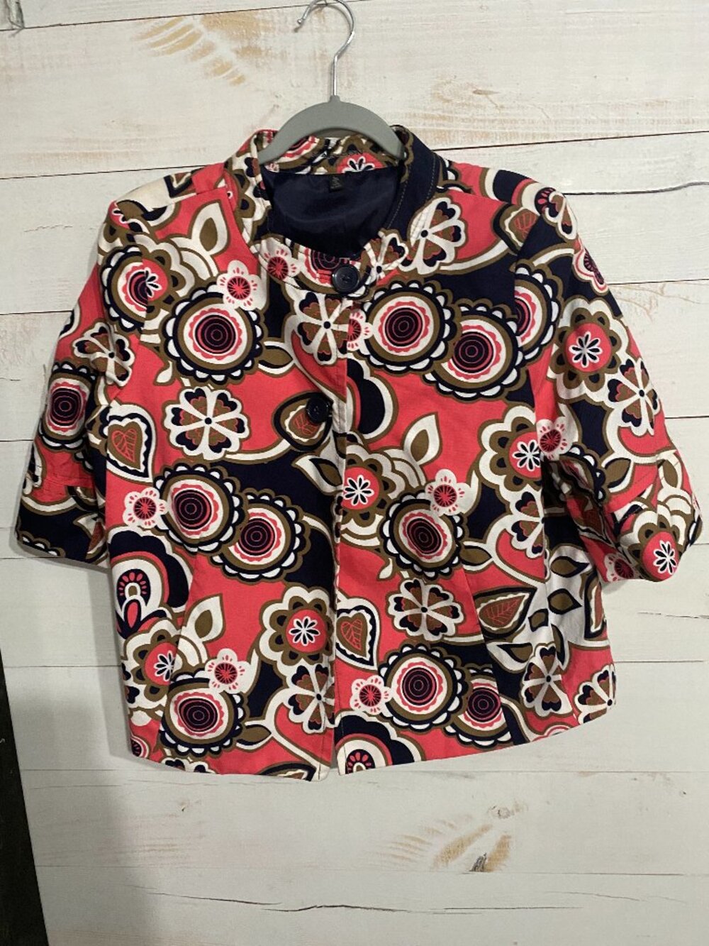 Madison Retro 60s Mod Floral Canvas Jacket Coral Pink Navy Large Button Size L